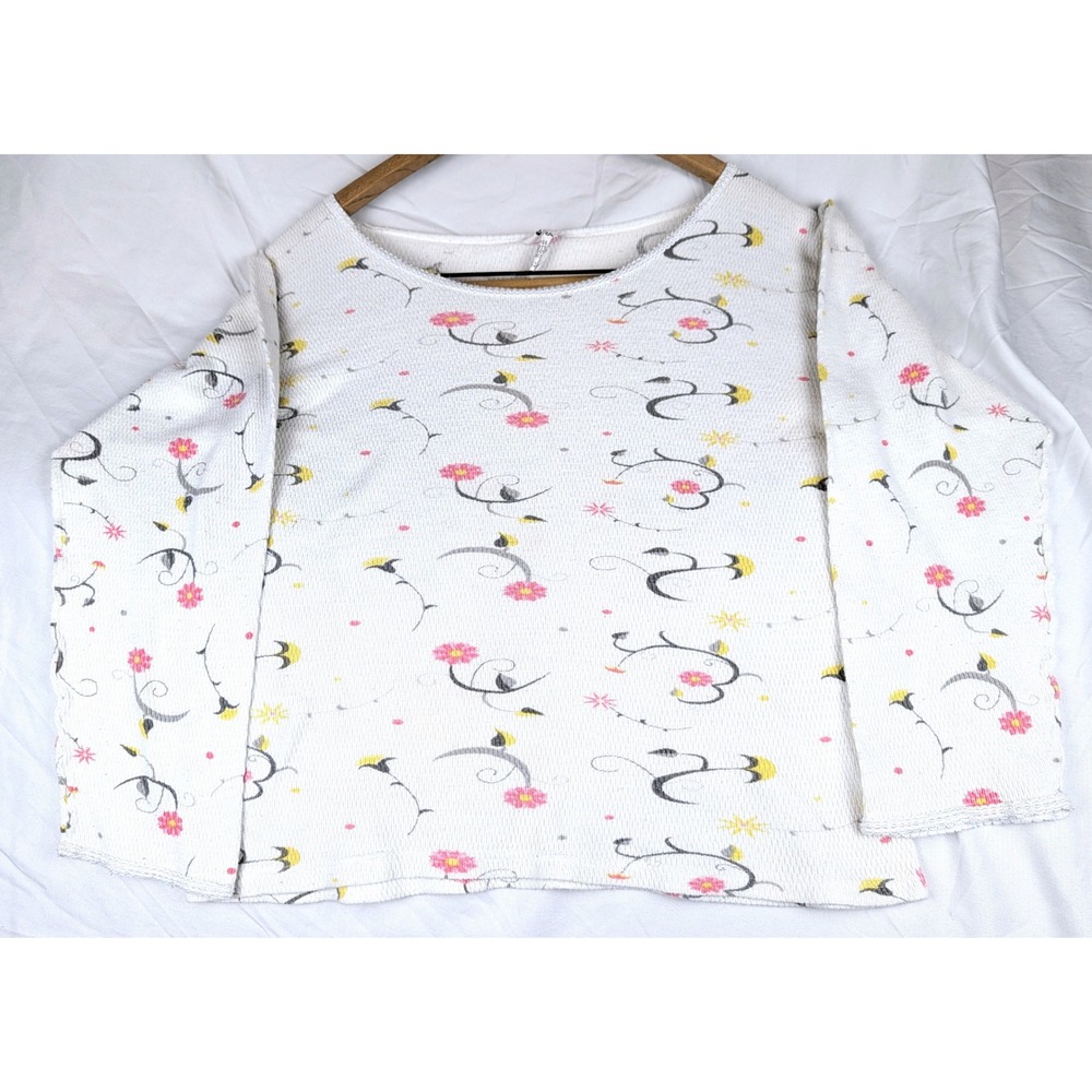 Vintage Indera Womens Floral Waffle Knit Thermal Top White Pink Cotton XL